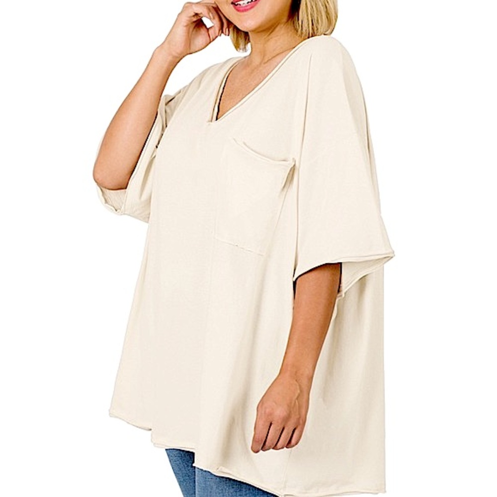 ZENANA Oversized Raw Edge Front Pocket Hi Low Tee Top